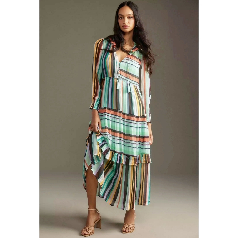 Anthropologie Marais Maxi Tiered Dress Printed Chiffon